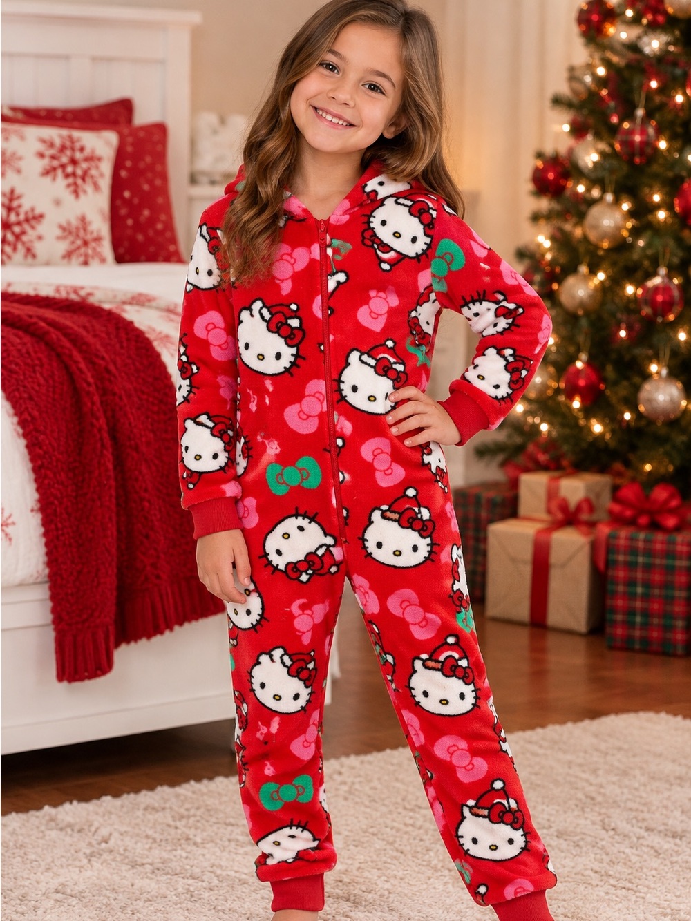 Hello Kitty Holiday Plush Hooded Pajama Sleeper | Girls Size M (7/8) | One Piece